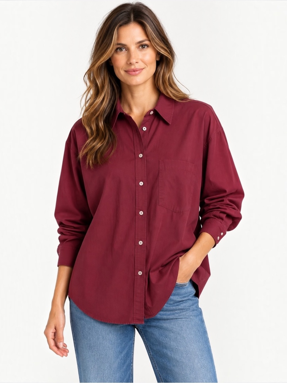 Something Navy Classic Oversized Button Down Shirt Burgundy Cotton M NWT $150